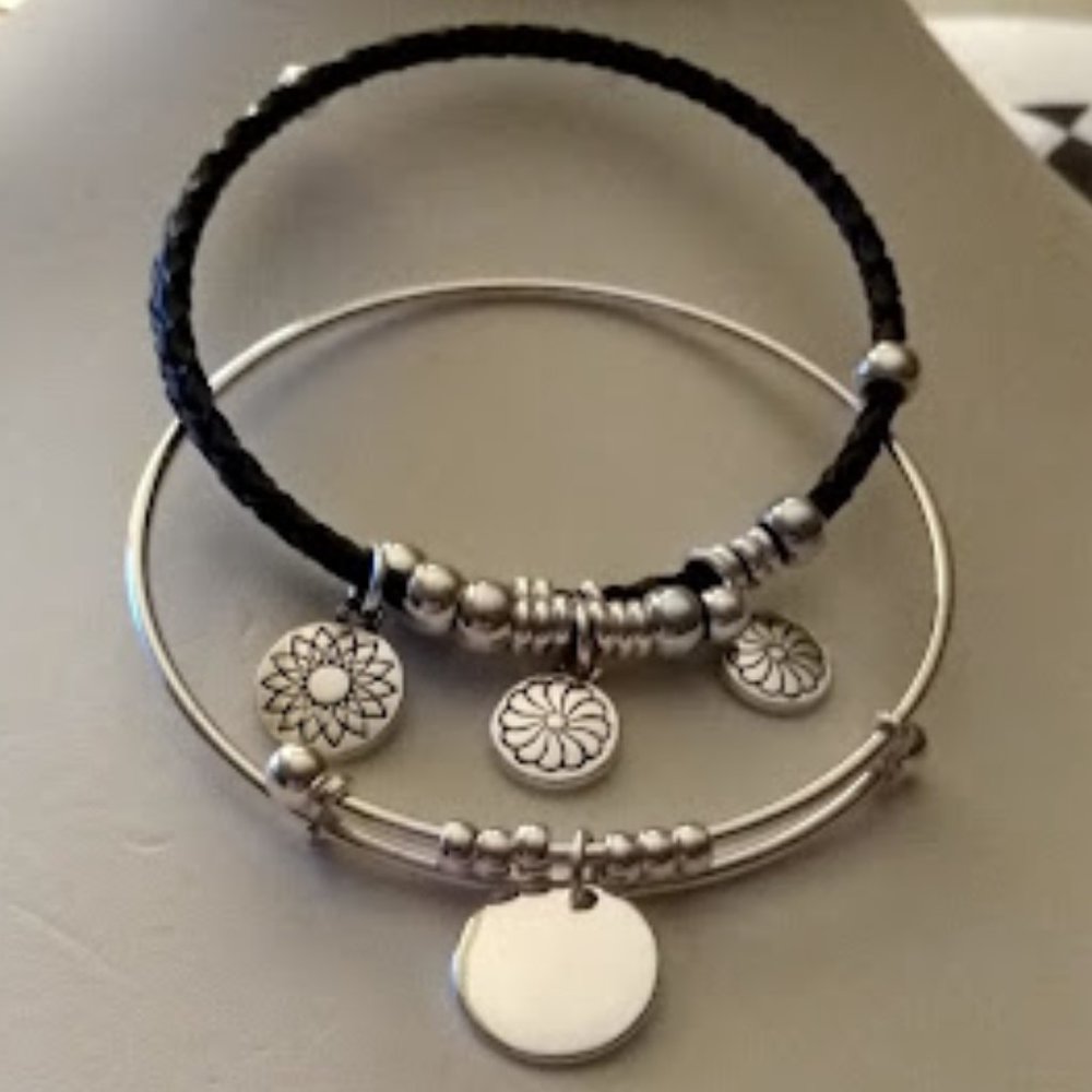 NINE WEST 2pc Bracelets Silver Disc Adjustable + Black Woven Silver Motif Charms